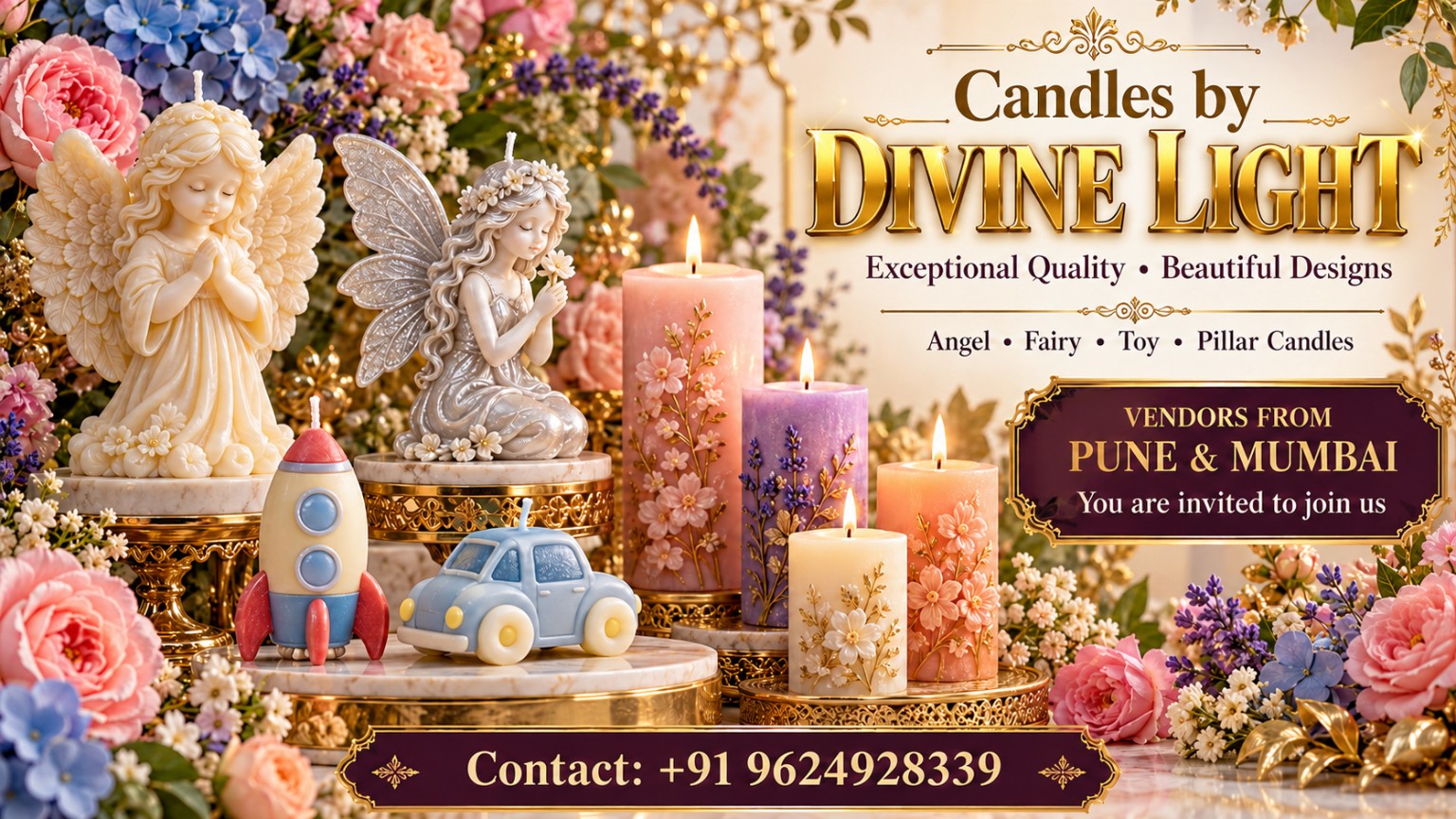 Candles by Divine Light: angel, fairy, toy and pillar candles, with Pune and Mumbai vendor invitation. Contact +91 9624928339.