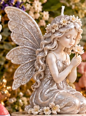Silver fairy sculptural candle among flowers